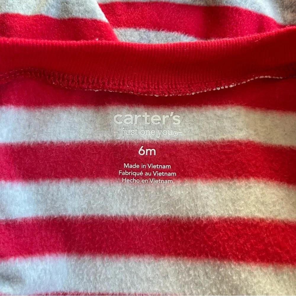 Carter's Baby 6M Red & Gray Striped Fleece Footie Cute Reindeer Feet Holiday